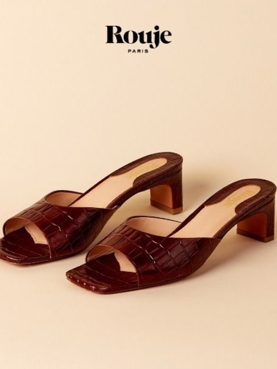 Rouje Shoes - Rouje Paris Women's Brown Croc-Embossed square toe -Mid Heel Mules